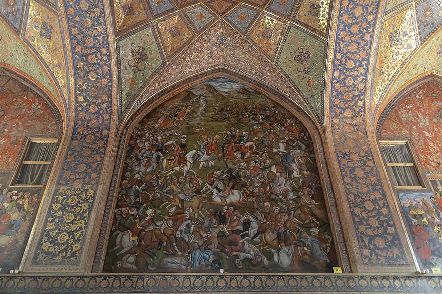 Chehel Sotoon pils, Persijas paviljons, isfahāns, Irāna, mākslas darbi, fresku, arhitektūra, tūristu piesaiste, kultūras, reliģiju, slavenā vieta