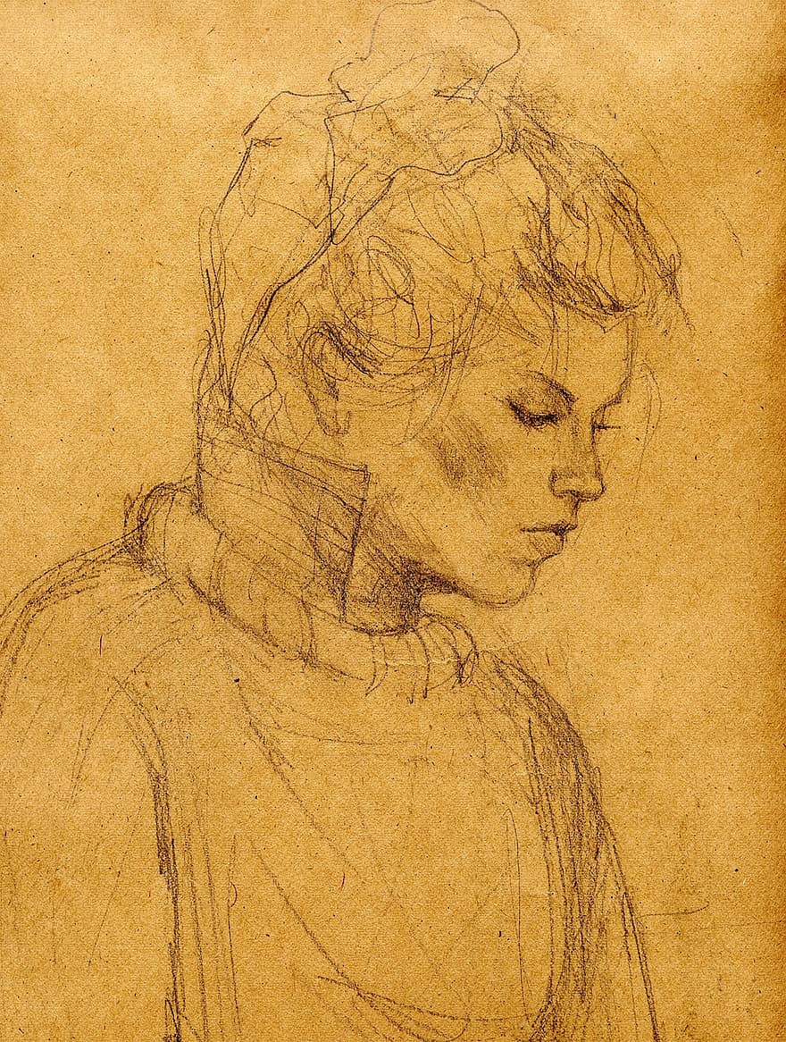 Kurşun kalem çizimi, kız, Kadın, düşünceli, üzgün, artistik, Öğrenci, bağbozumu, aşağı bakıyor kız, Turuncu vintage