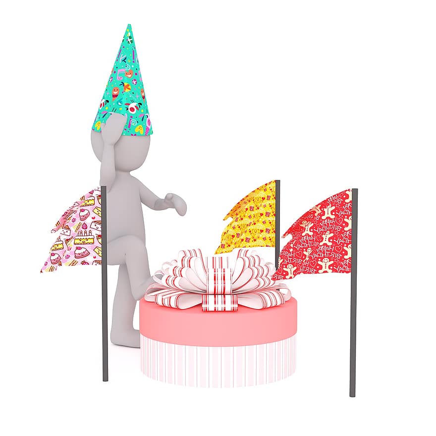 お誕生日、贈り物、ケーキ、誕生日ケーキ、3dman、3D、3Dモデル、孤立した、モデル、全身、白