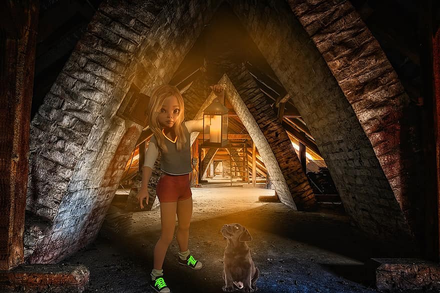dívka, Pes, tunel, 3D vykreslování, Pozadí, budova