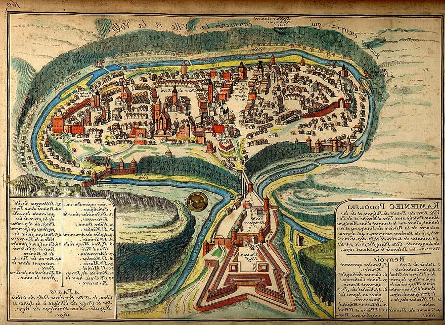 Karta, skattkarta, medeltiden, antik, Kamianets Podilskyi, by