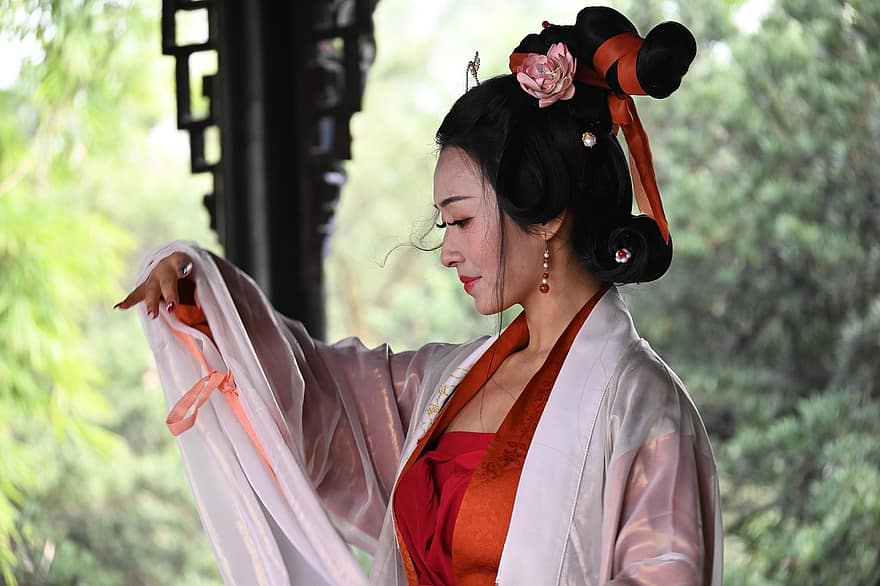 nő, Hanfu, tánc, haj kiegészítők, hagyományos, kultúra, kínai, kosztüm, lány