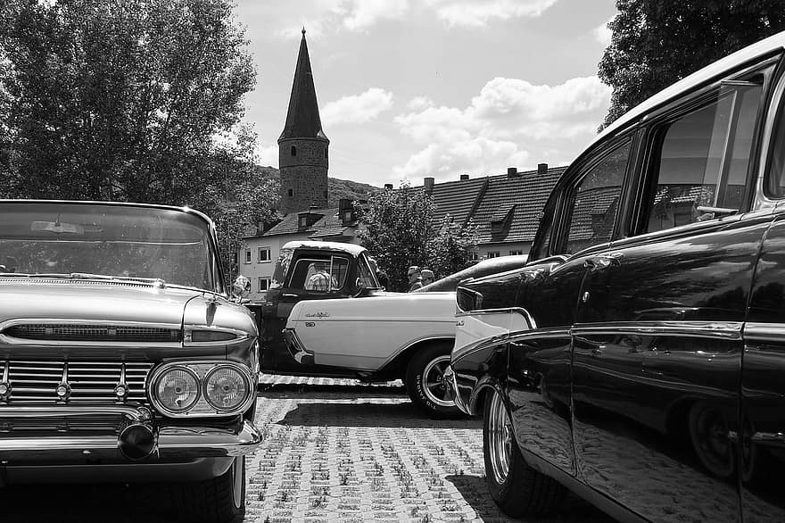 mobil, kendaraan, vintage, retro, tempat parkir, mobil klasik, mobil antik, klasik, foto hitam dan putih, angkutan, kuno