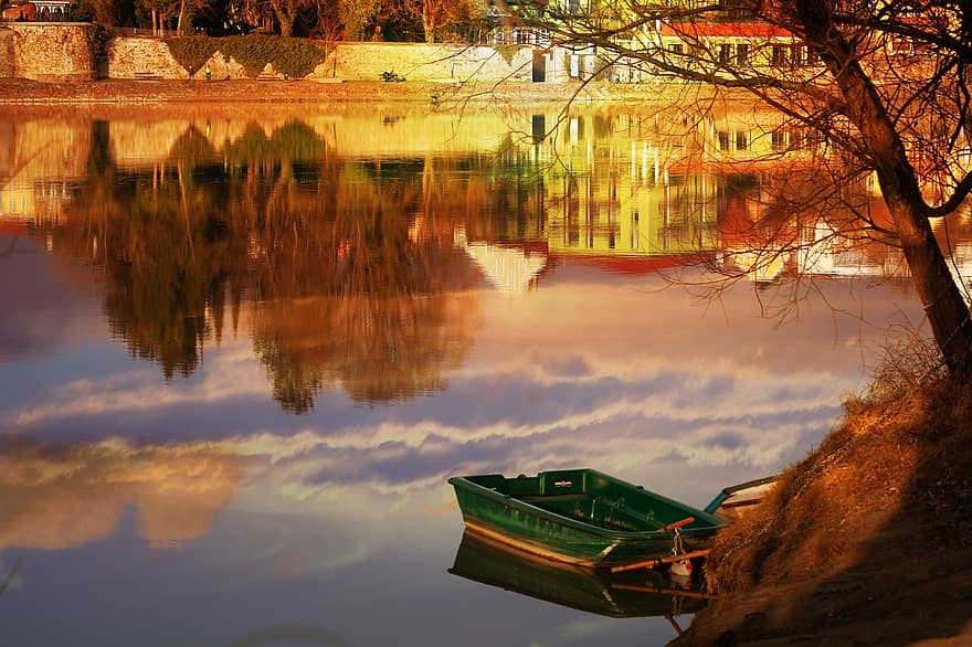 River, Boat, Buildings, Sunset, Flow, Reflection, Light, water, nautical vessel, landscape, autumn