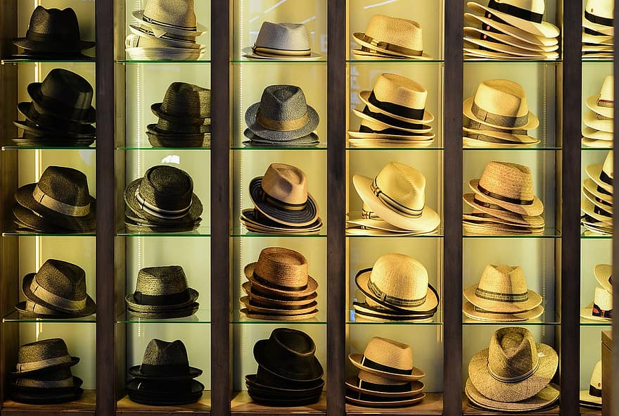 skrybėlės, mada, galvos apdangalai, verslą, lentyna, skrybėlę, Šiaudinė skrybelė, madingi, elegantiškas