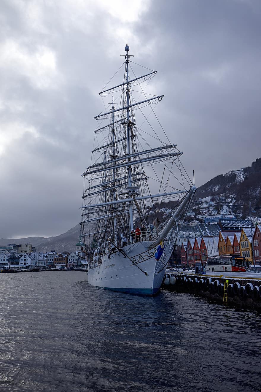 barco, navio, barco a vela, mar, costa, mastro, porta, Porto, Bergen, cidade, náutico