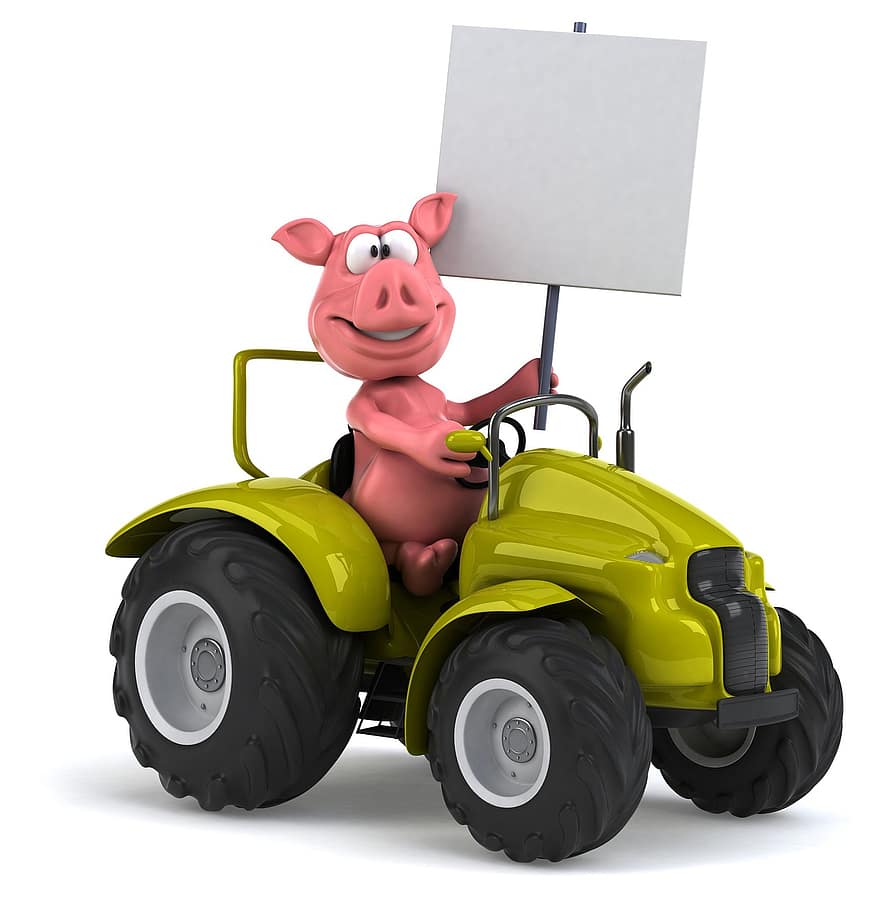 gris, djur-, 3d, tecknad serie, söt, grisar, fläsk, lantbruk, traktor, bruka, skylt