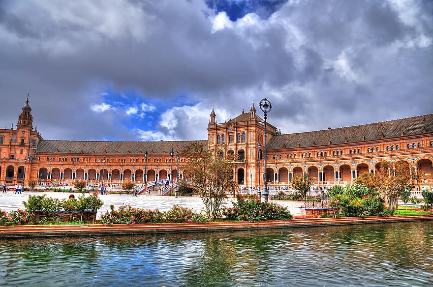 Španělsko, plaza de espana, seville, andalusie, architektura, náměstí, slavné místo, exteriér budovy, Dějiny, voda, stavba