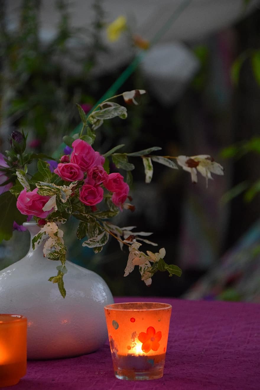 свічка, Рослина, квіти, ваза, полум'я, чайне світло, світло, чайна свічка, квітка, впритул, літо