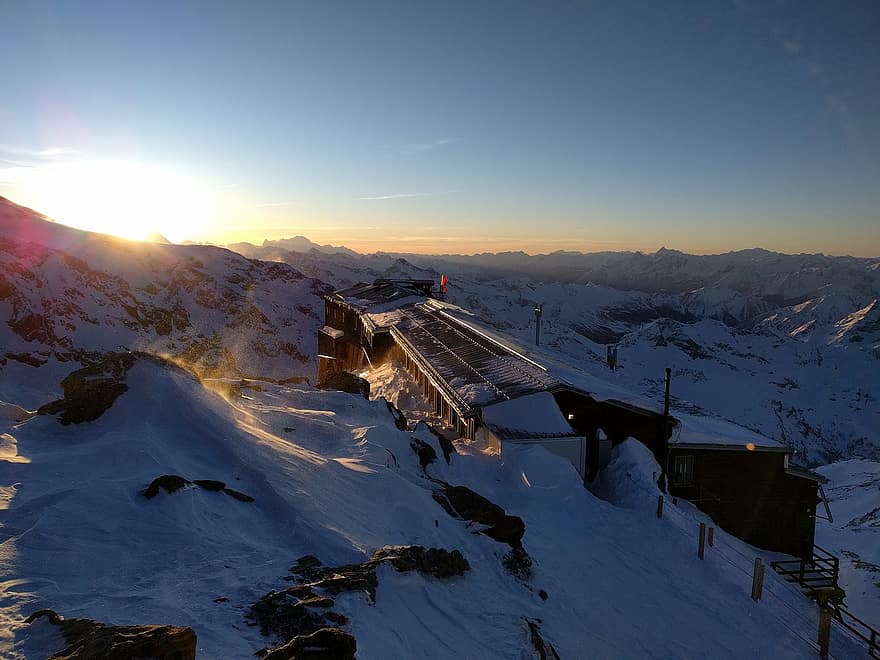 montanha, cabine, inverno, gelo, alta altitude, frio, por do sol, cimeira, ao ar livre, Alpes, panorama