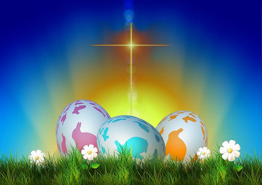 축하, 색깔, 장식, 잔디, 목초지, 십자가, 장식적인, 토끼, 부활절 토끼, 부활절, 계란