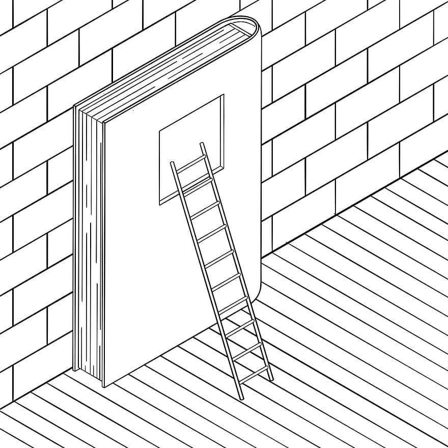 Book, Ladder, Window, Escape, Prison, Read, Painting, Surreal, Cartoon, Imagination, Fantasy