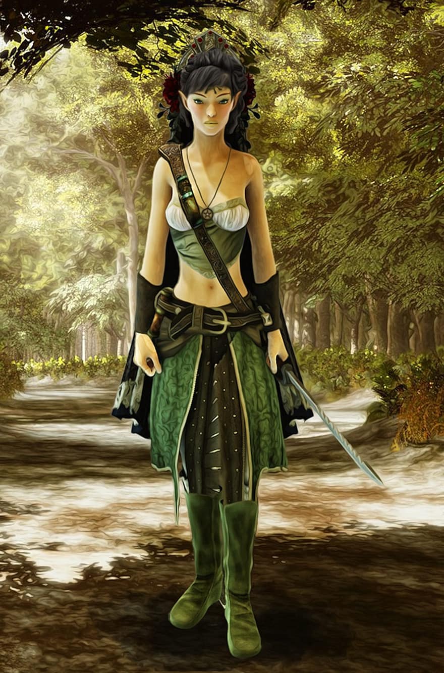elf, Płeć żeńska, kobieta, Fantazja, magia, młody, bajka, wojownik, Zielony, fantazyjna postać, las