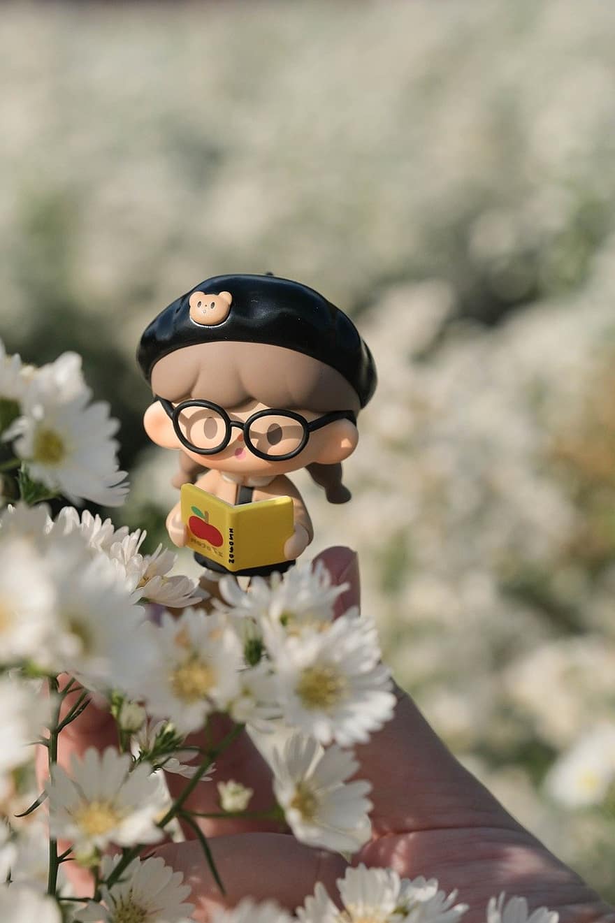 mainan, boneka, bunga-bunga, alam, bunga putih