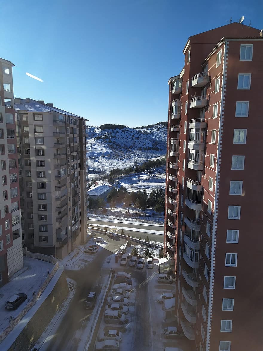 Buildings, Road, Complex, Apartments, Parking Lot, Hills, Winter, Wintry, Snow, Turkey
