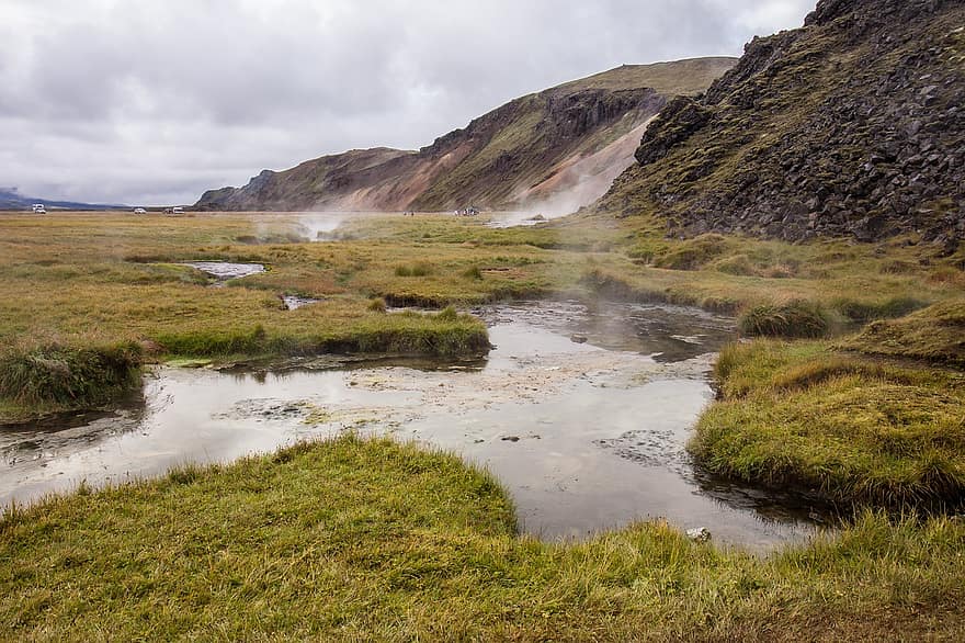 горячие источники, долина, горы, трава, природа, облака, небо, Исландия