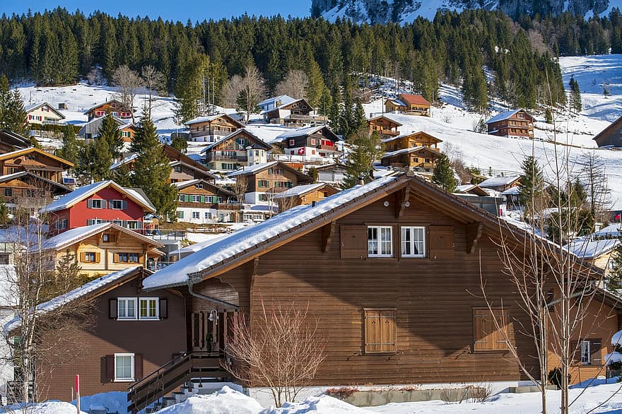 casas, pueblo, invierno, nieve, ventisquero, Alpes, brunni, cantón de schwyz, Suiza, arboles, montaña