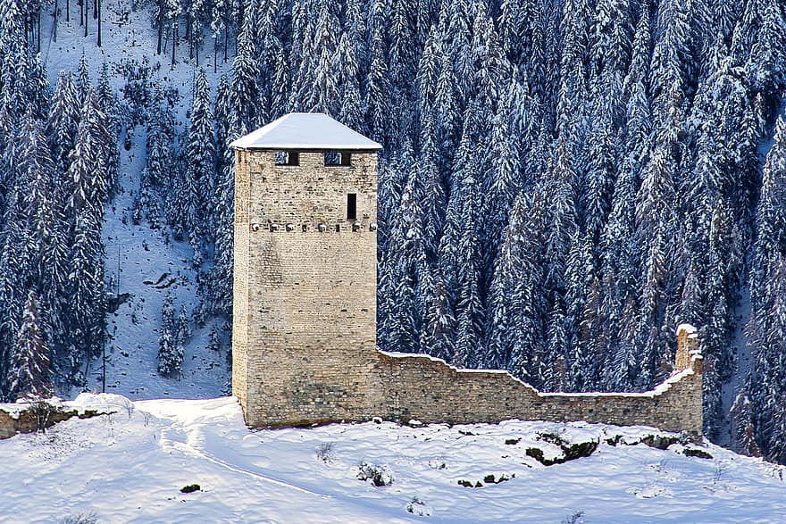 les montagnes, forêt, neige, Château de Steinsberg, ardez, hiver