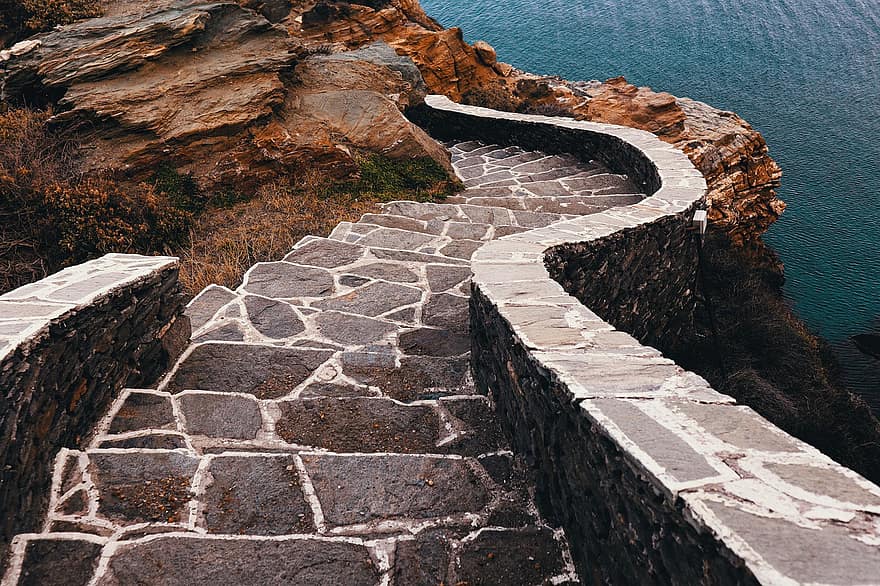 стълбище, път, стръмна скала, стъпки, рок, пътека, пейзаж, брегова линия, вода, архитектура, пътуване