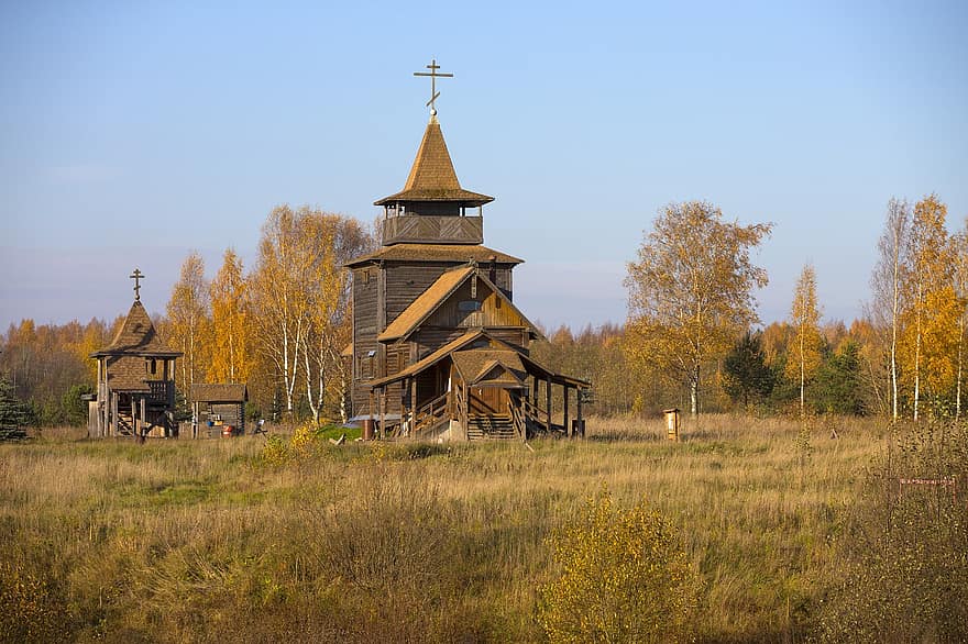 Iglesia, campo, Rusia, pueblo, religión, cristianismo, otoño, madera, arquitectura, escena rural, cruzar