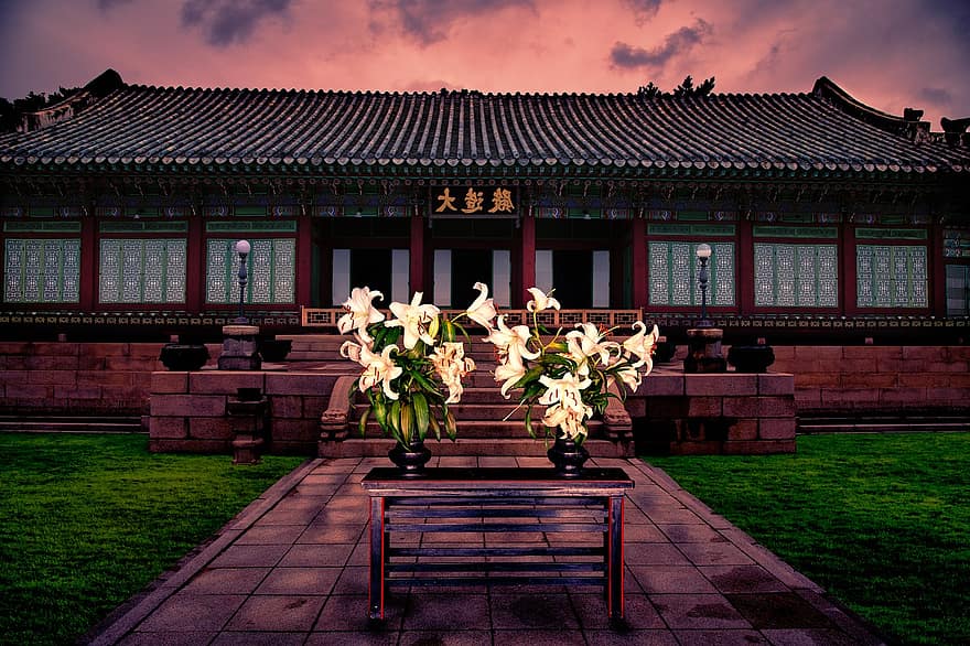квіти, корея, храм, дисплей, святиня, традиційний, дощ