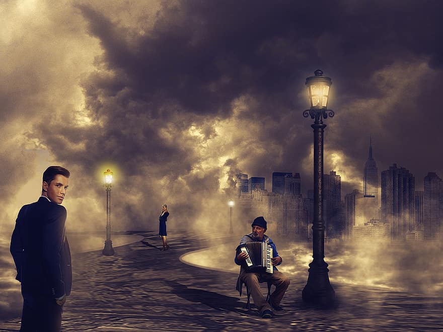 uomo, strada, edifici, nebbia, tango, musica, persone