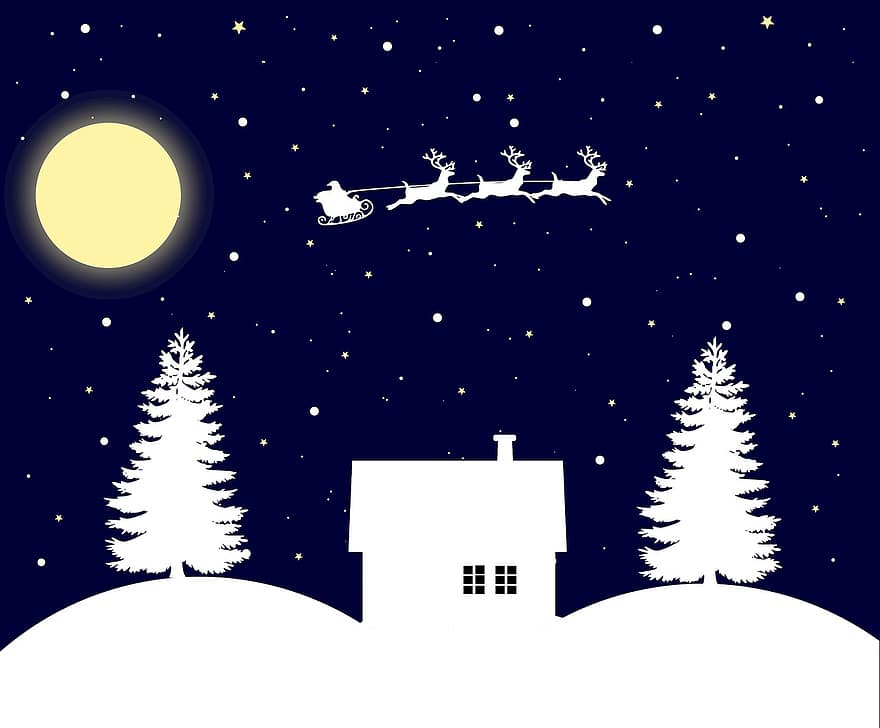 рождество, зима, фон, обои на стену, снег, звезды, ночь, Санта, Дед Мороз
