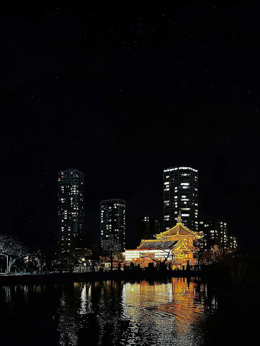 nuit, foncé, Pavillon de lavage des mains, Bentendo, temple, Étang Shinobazu, Ueno Park, Taito City, tokyo, Japon, lumières