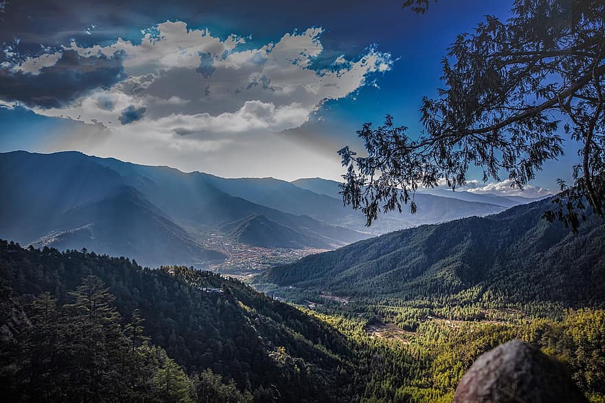 Berge, Wald, Sonnenuntergang, Landschaft, Natur, Bhutan, Berg, Baum, Gipfel, Blau, Sommer-