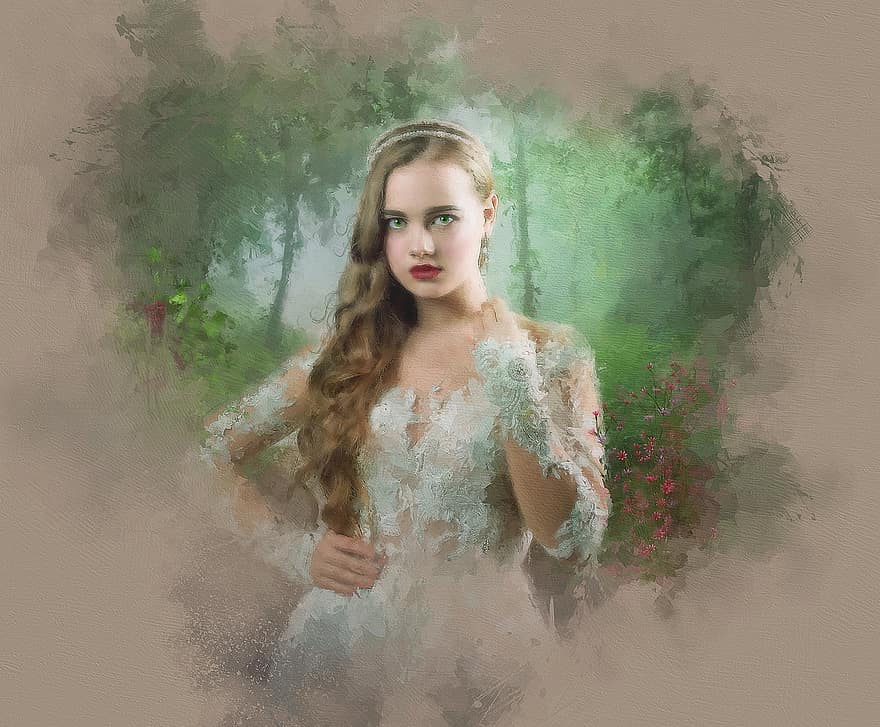 Woman, Beauty, Fantasy, Lady, Long Hair, White Dress, Princess, Forest, Digital Painting, Book Cover