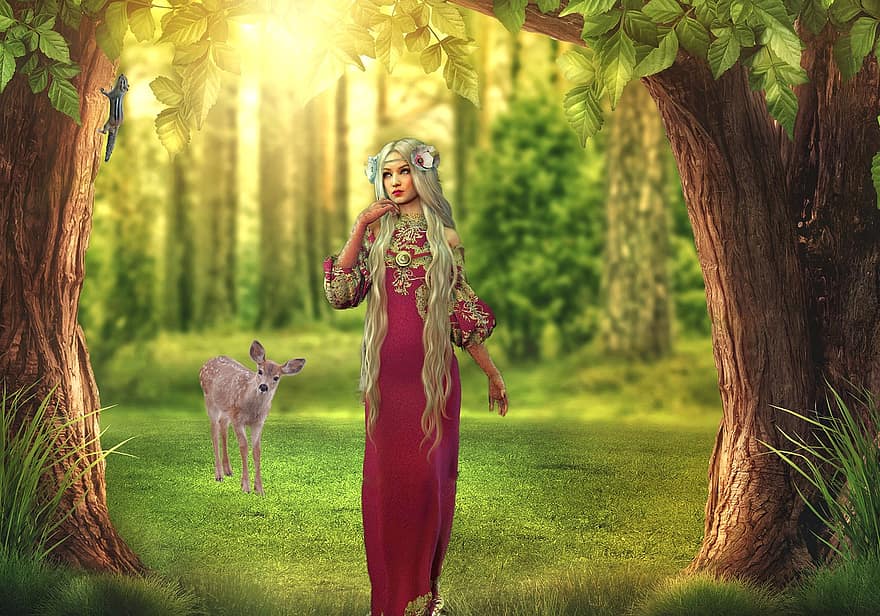 Fairy, Fair Folk, Forest, Background, Fantasy, women, tree, grass, adult, beauty, young adult