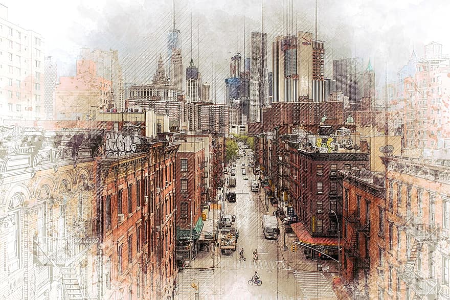 manhateno, kontrastai, Niujorkas, metropolis, panorama, usa, kelias, eismas, senas, naujas, namų