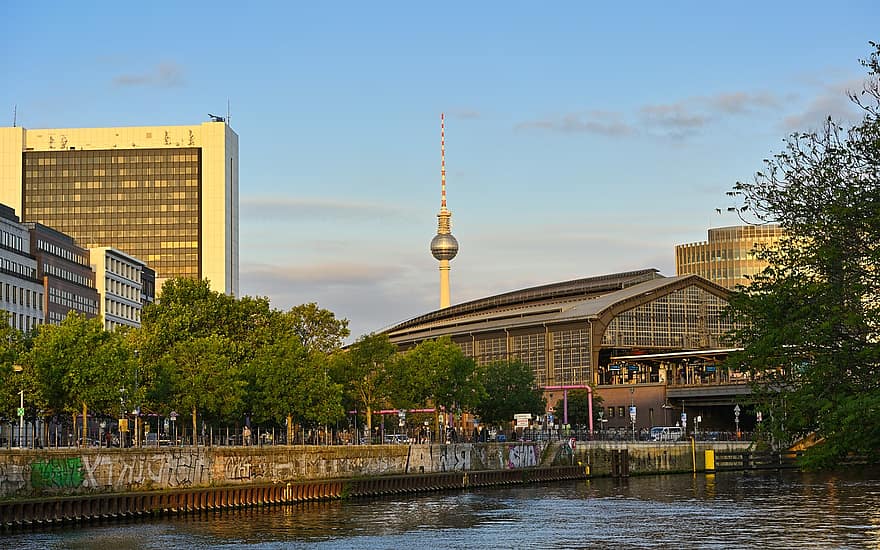 berlin, város, folyó, tv torony, muri, állomás, Friedrichstrasse, történelmi, tájékozódási pont, vasút, épületek