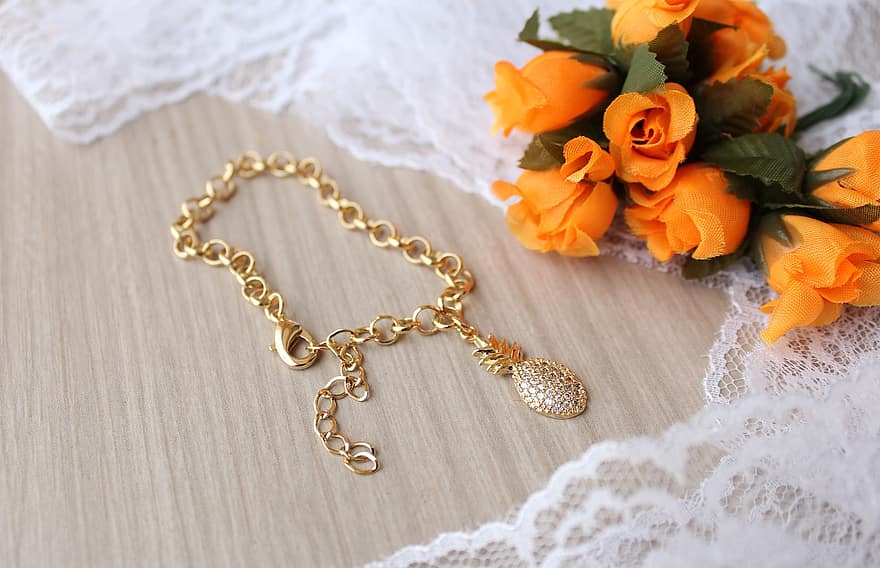 braccialetto dorato, braccialetto, ananas, gioielli, oro, 18 carati, femmina, Accessori, moda