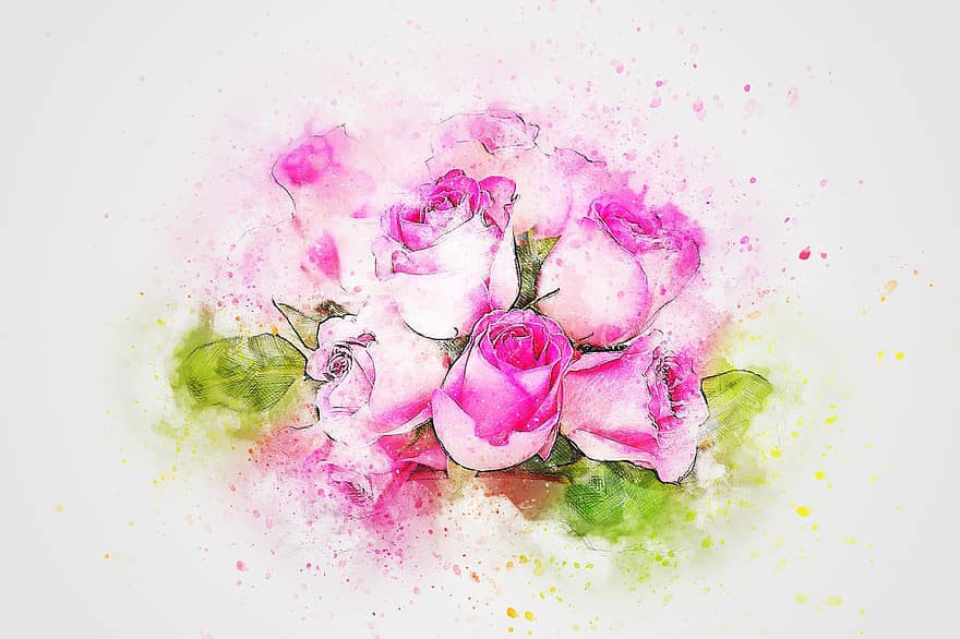 Flowers, Bouquet, Roses, Art, Nature, Abstract, Watercolor, Vintage, Spring, Romantic, Artistic
