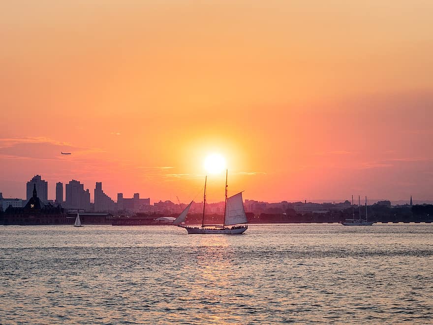río Hudson, puesta de sol, manhattan, ciudad, Nueva York, horizonte, Estados Unidos, paisaje urbano, oscuridad, barco náutico, velero