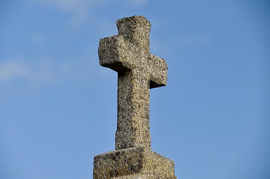 kryss, stein kors, skulptur, himmel, kristendom, Religion, Utskåret kors, blå himmel