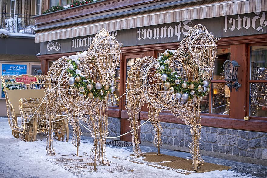 Horses, Sculpture, Winter, Sleigh, Christmas Lights, Baubles, Decoration, Ornament, Snow, Village, Stores
