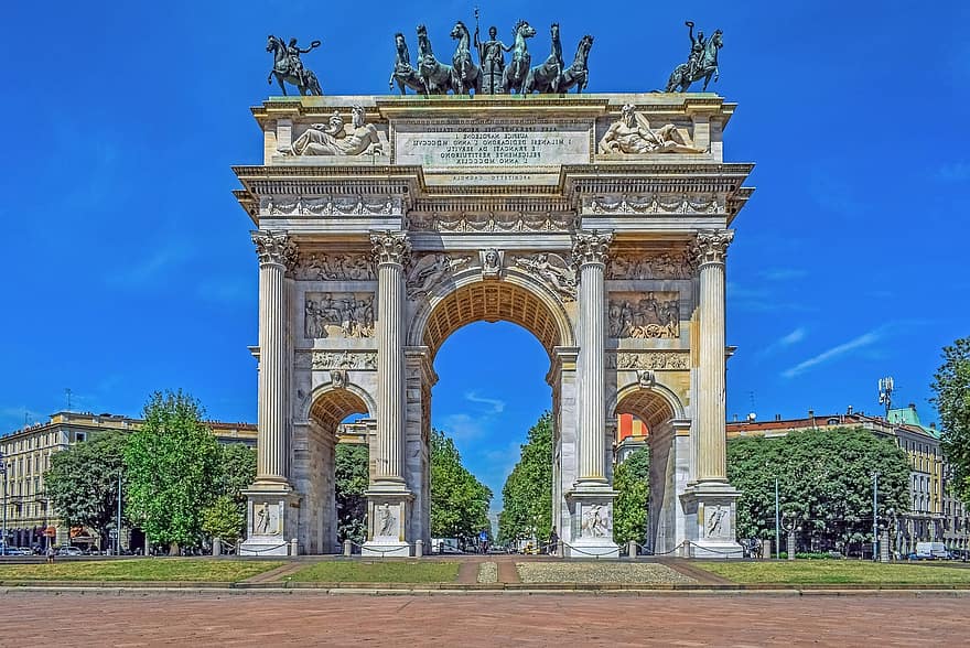 arco della pace, kaari, Milano, Italia, arkkitehtuuri, vanha, Lombardia, kaupunki, matkailu, vetovoima, kiertoajelu