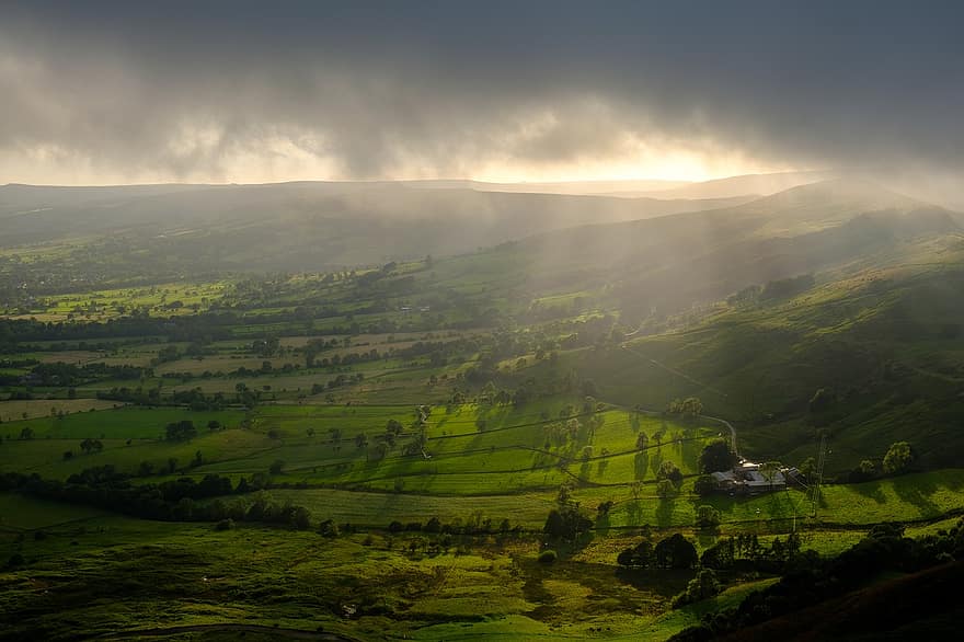 долина на надеждата, връх, Дарбишър, околност, панорамен, пейзаж, природа, Англия, слънчева светлина, хълмове, боговете