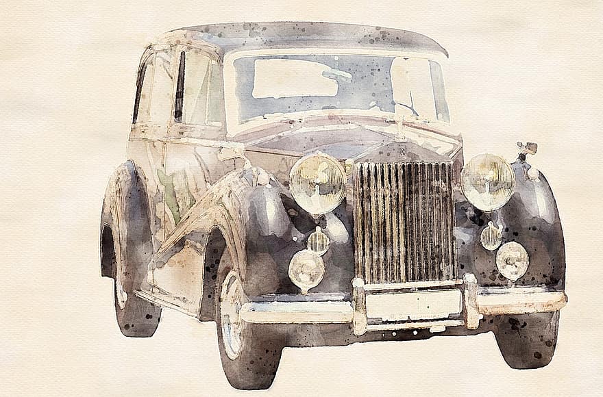 antieke auto, klassiek, voertuig, auto-, zeldzaamheid, rolls-royce, waterverf, kunst