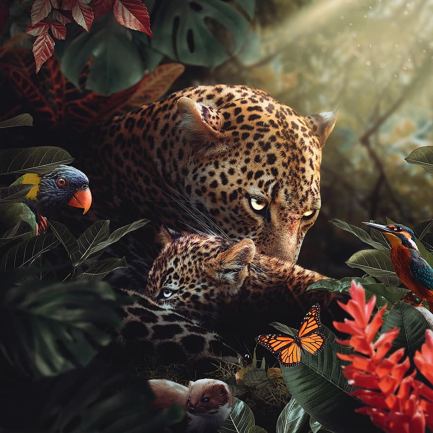 floresta, leopardo, animais selvagens, selva, passarinhos, borboleta, animal, mamífero, espécies, animais em estado selvagem, África