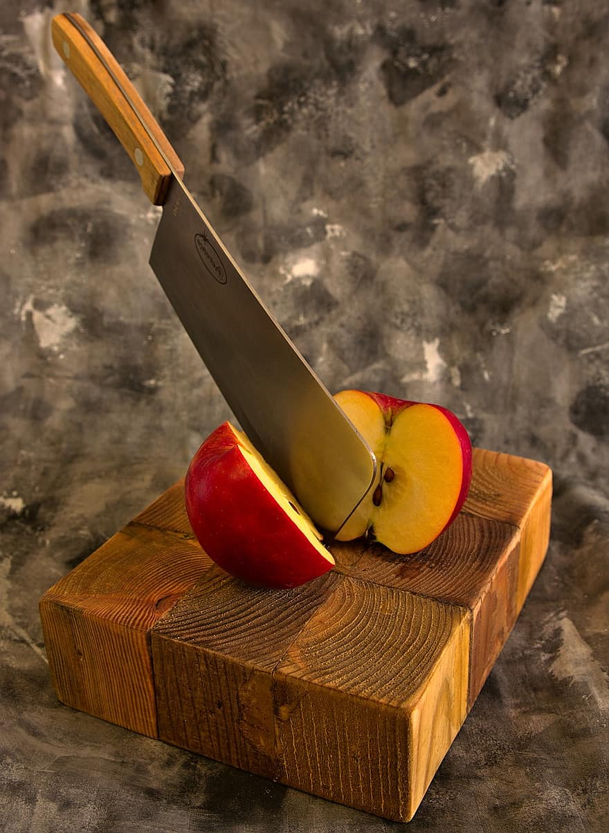 Apple, Knife, Still Board, Cutting Board, Fruit, Fresh