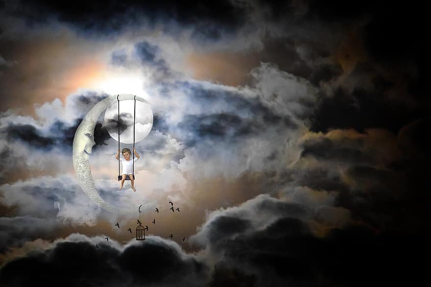 mėnulis, mėnulio šviesa, svajonių pasaulis, svajonė, naktis, mistinis, dangus, berniukas, vaikas, sūpynės, pasakos
