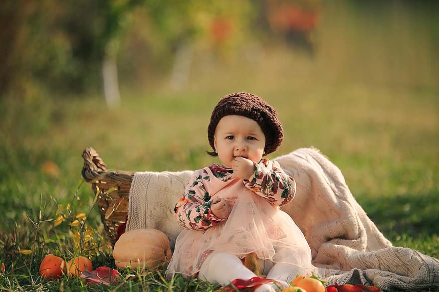bébé, l'automne, bonnet, bambin, motif d'automne, panier, panier de bébé, fille, petite fille, parc, la nature