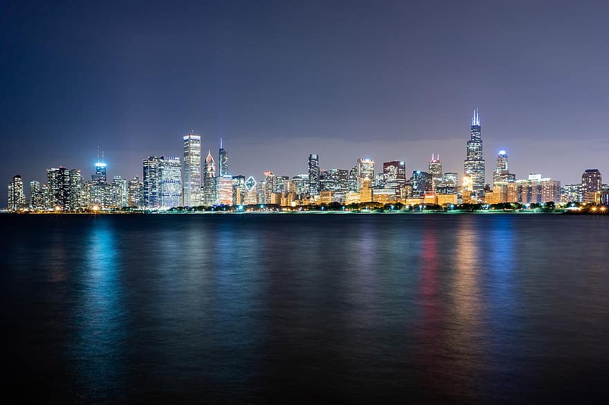 Chicago, láthatár, éjszaka, város, felhőkarcoló, épületek, illinois, Egyesült Államok, USA, városkép, városi látkép