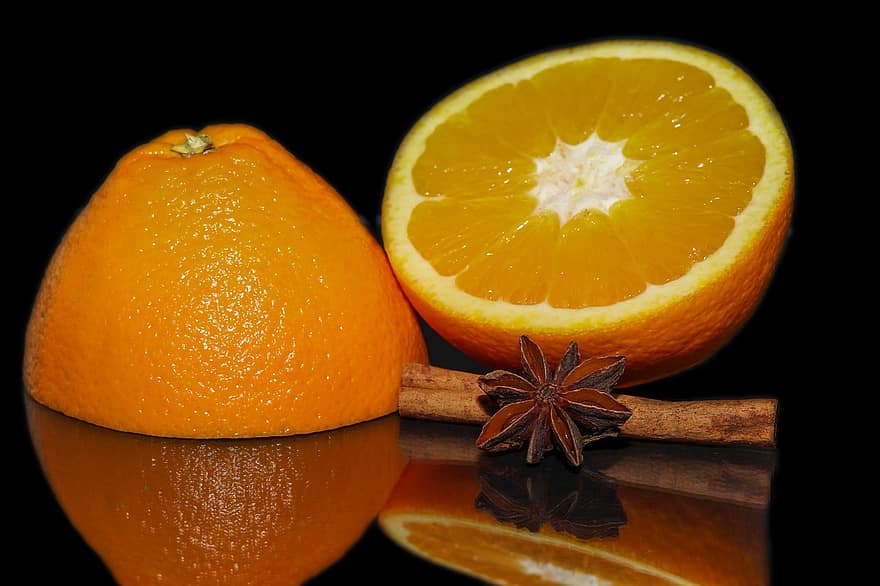 オレンジ、アニススター、アニス、スパイス、シナモンスティック、フルーツ、ビタミン、健康、栄養、新鮮な、フード