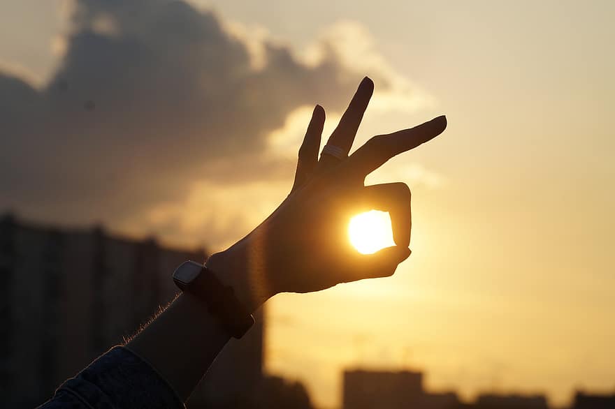 hånd, gest, solnedgang, sol