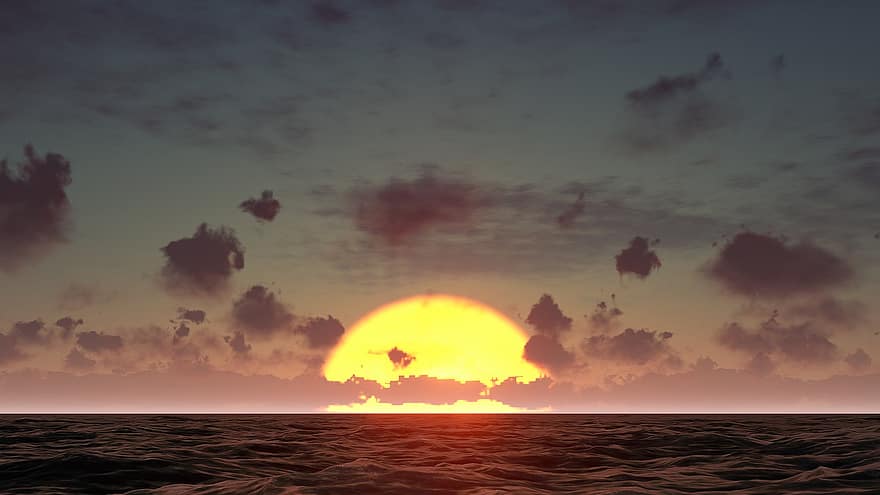 solnedgång, hav, horisont, Sol, himmel, marinmålning, skymning, vatten, skys, moln, natur