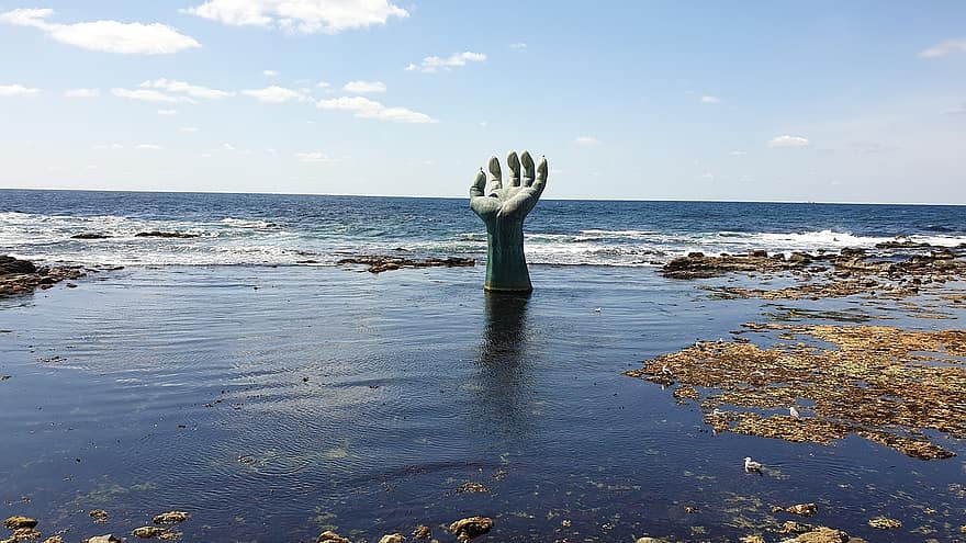 море, скулптура, ръка, изкуство, homigot, Поханг, море Донхеа, вода, син, лято, пясък